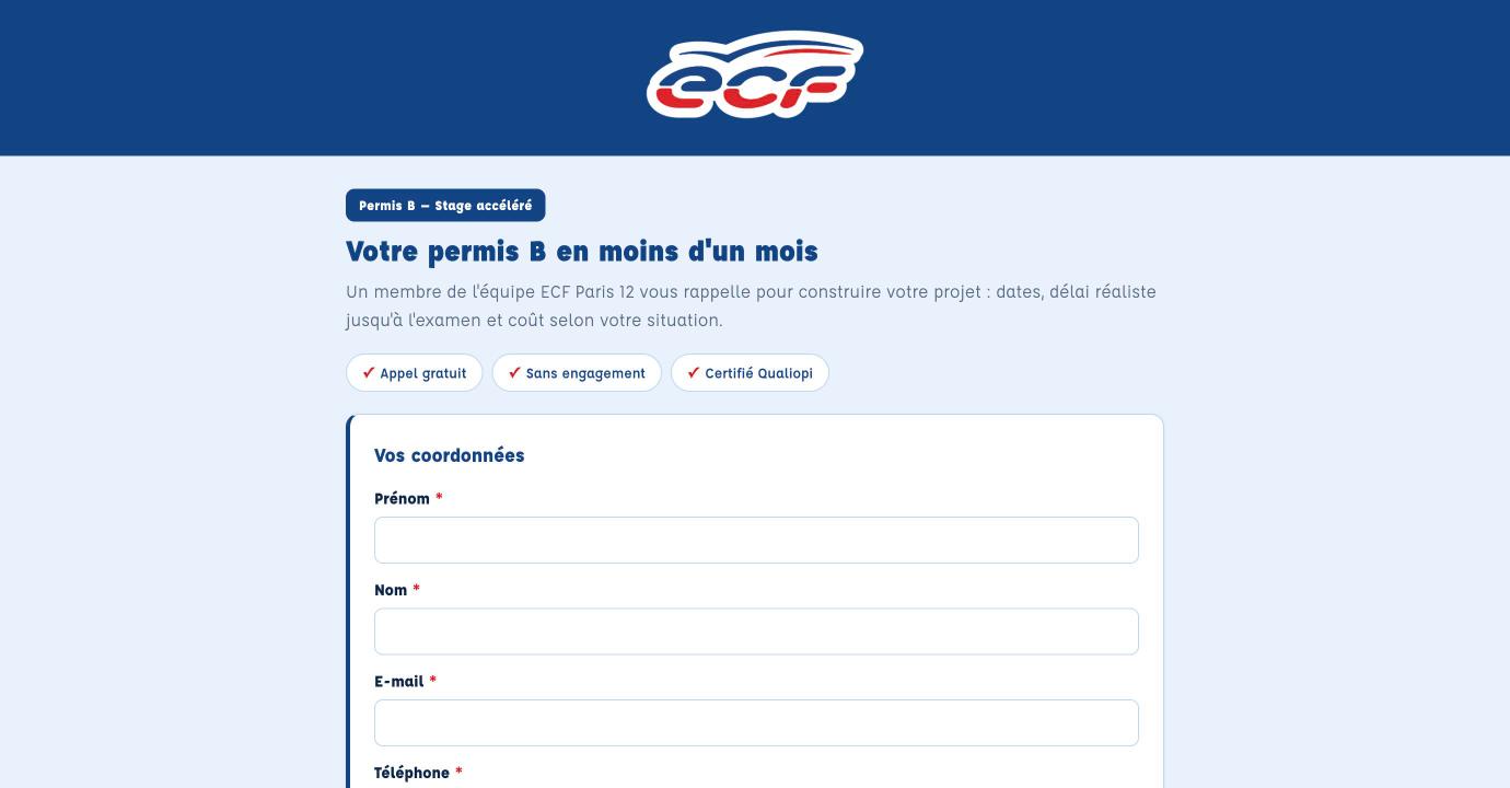 Formulaire de la page de prise de RDV